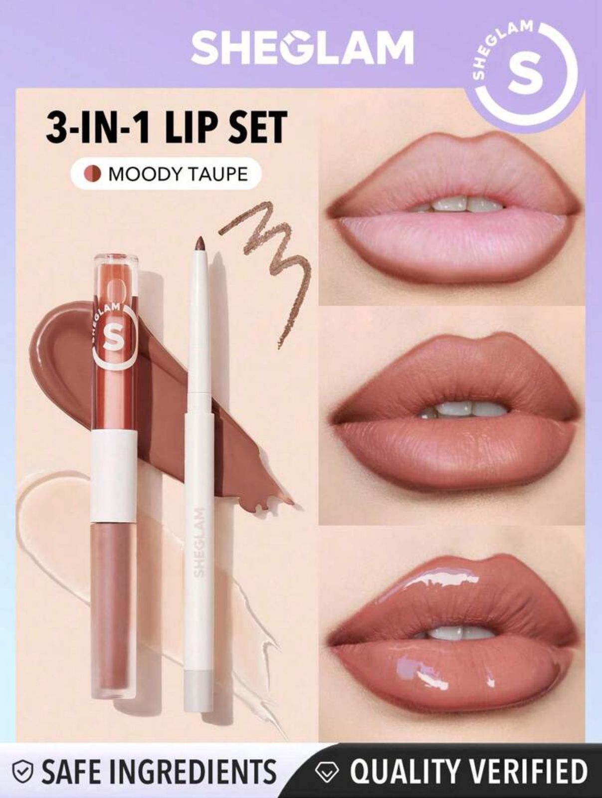 SHEGLAM Soft 90's Glam Lip Liner And Lip Duo Set Lip Set 3-In-1