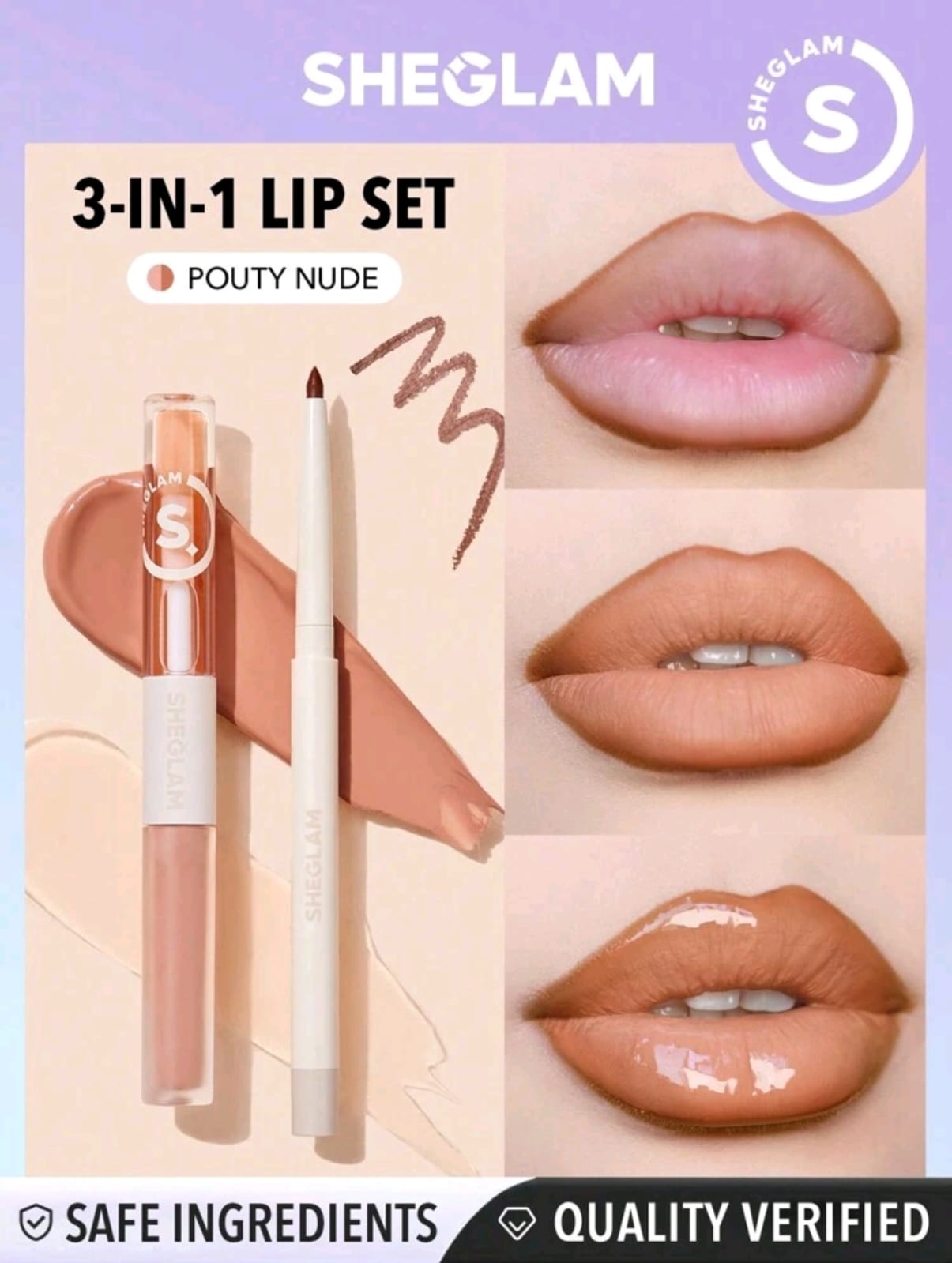 SHEGLAM Soft 90's Glam Lip Liner And Lip Duo Set Lip Set 3-In-1