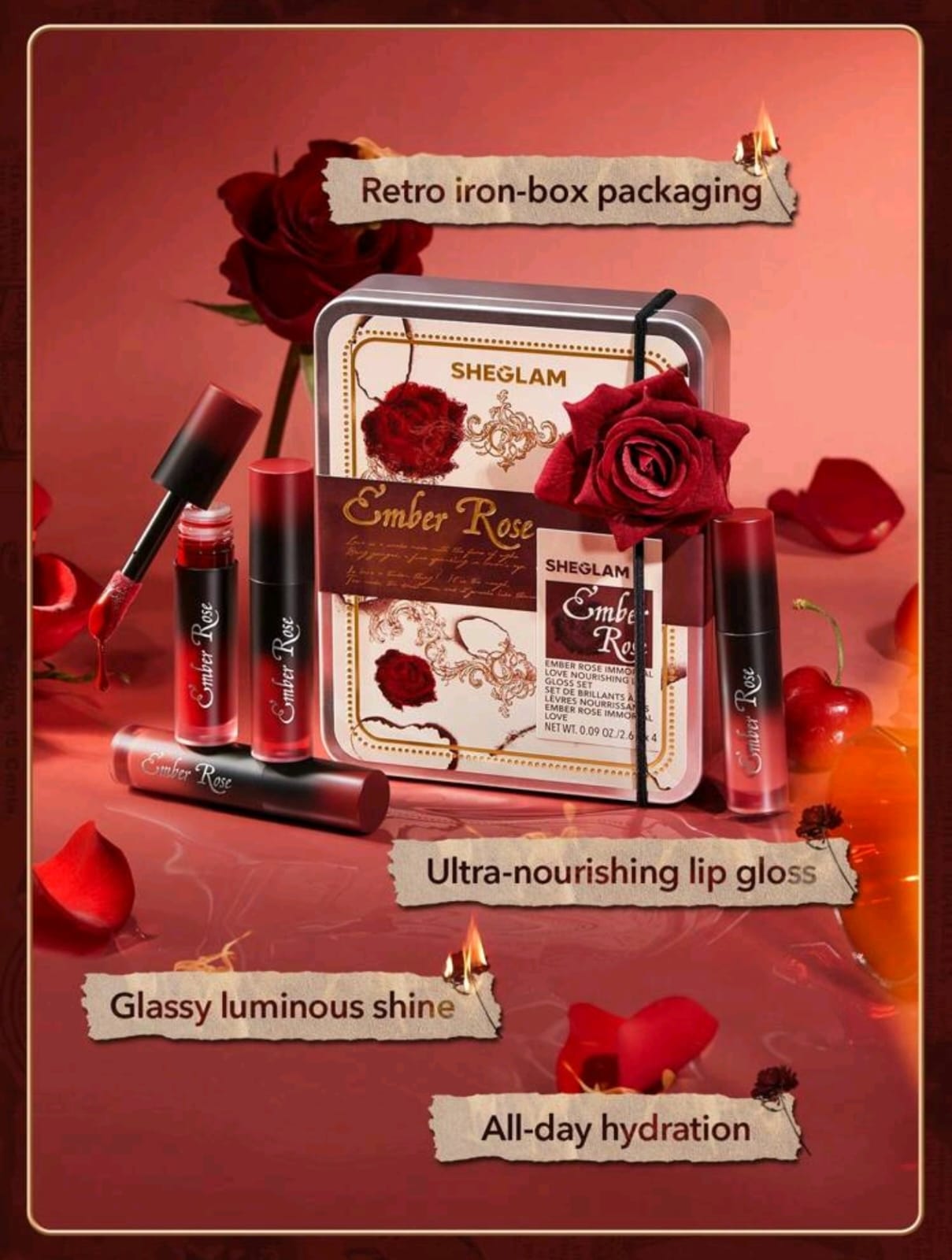 SHEGLAM Ember Rose Immortal Love Nourishing Lip Gloss Set 4 Pcs/Set Liquid Lipstick Kit