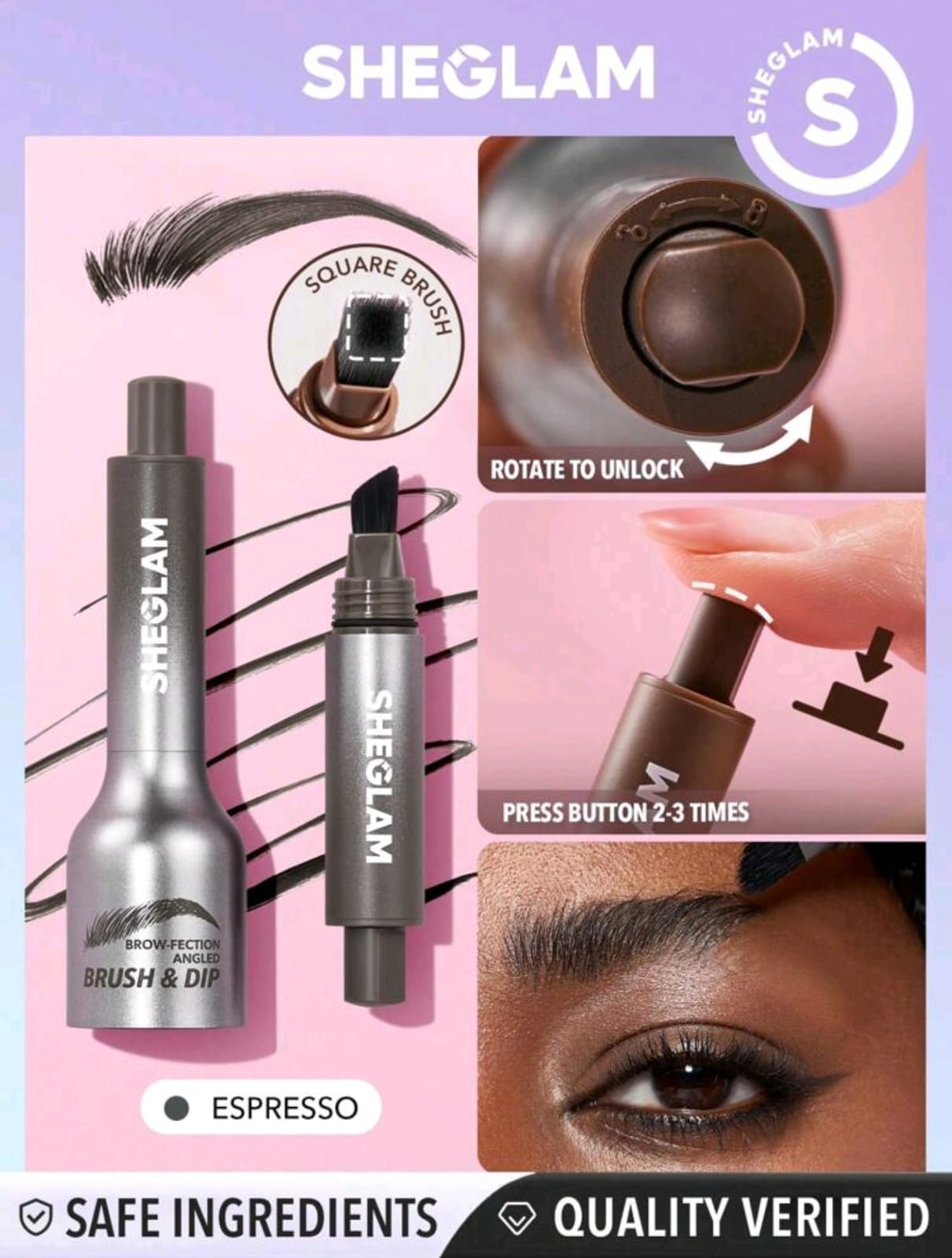 SHEGLAM Brow-Fection Angled Brush & Dip- Hair-Like Strokes Liquid Eyebrow Gel Pen Easy To Color