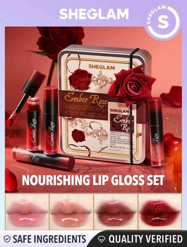 SHEGLAM Ember Rose Immortal Love Nourishing Lip Gloss Set 4 Pcs/Set Liquid Lipstick Kit